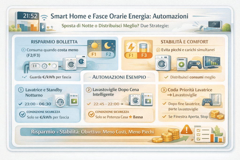 Infografica su smart home e fasce orarie energia che mostra come usare automazioni per risparmiare in bolletta e migliorare la stabilità dei consumi: confronto tra fasce F1, F2 e F3, esempi di automazioni per lavatrice e lavastoviglie, gestione dello standby notturno e distribuzione intelligente dei carichi per evitare picchi e sprechi.