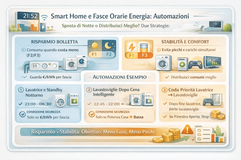 Infografica su smart home e fasce orarie energia che mostra come usare automazioni per risparmiare in bolletta e migliorare la stabilità dei consumi: confronto tra fasce F1, F2 e F3, esempi di automazioni per lavatrice e lavastoviglie, gestione dello standby notturno e distribuzione intelligente dei carichi per evitare picchi e sprechi.