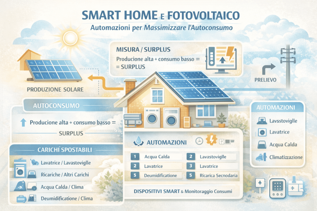 Infografica premium su smart home e fotovoltaico che mostra come le automazioni aiutano a massimizzare l’autoconsumo: produzione solare, surplus energetico, carichi spostabili, priorità di utilizzo e gestione intelligente di lavatrice, lavastoviglie, acqua calda e climatizzazione.