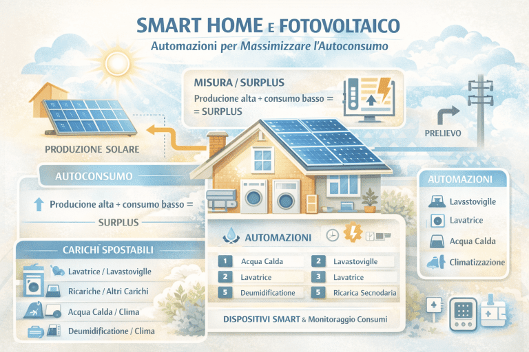 Infografica premium su smart home e fotovoltaico che mostra come le automazioni aiutano a massimizzare l’autoconsumo: produzione solare, surplus energetico, carichi spostabili, priorità di utilizzo e gestione intelligente di lavatrice, lavastoviglie, acqua calda e climatizzazione.