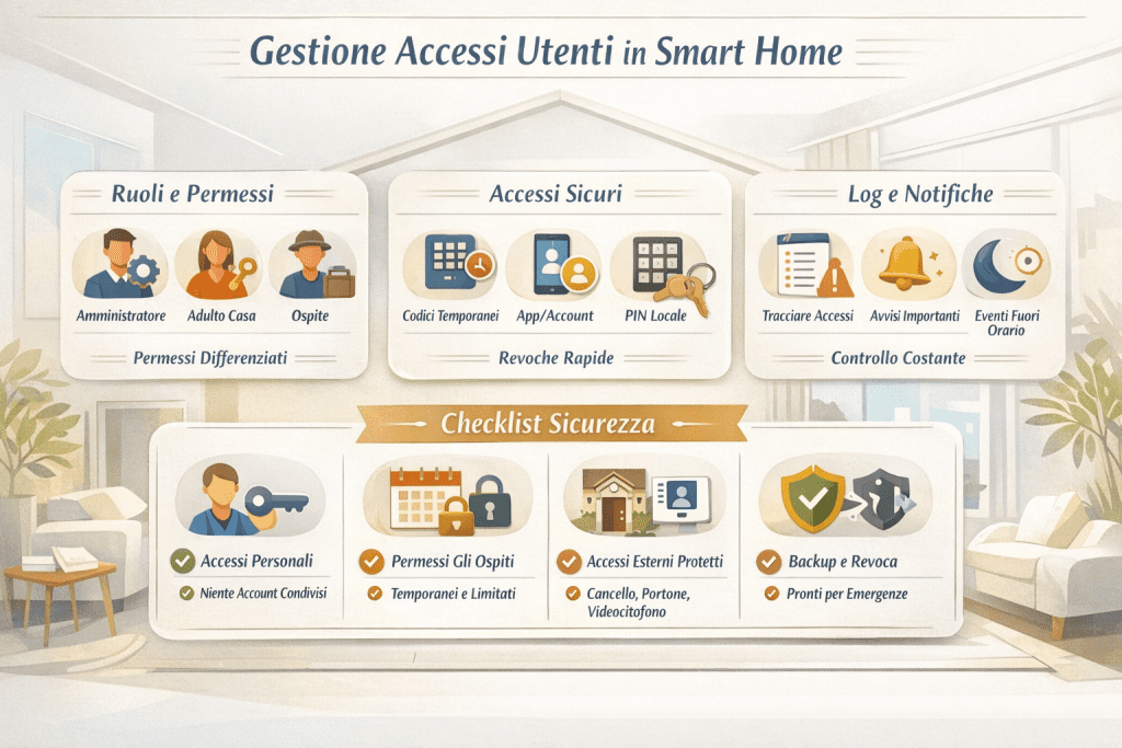 Infografica in stile premium dai colori chiari intitolata “Gestione Accessi Utenti in Smart Home”, che illustra i ruoli e i permessi degli utenti (amministratore, adulto di casa, ospite), i metodi di accesso sicuri (account personali, codici temporanei, PIN locali), il monitoraggio tramite log e notifiche e una checklist di sicurezza con accessi personalizzati, permessi limitati per gli ospiti, protezione degli accessi esterni e procedure di backup e revoca.