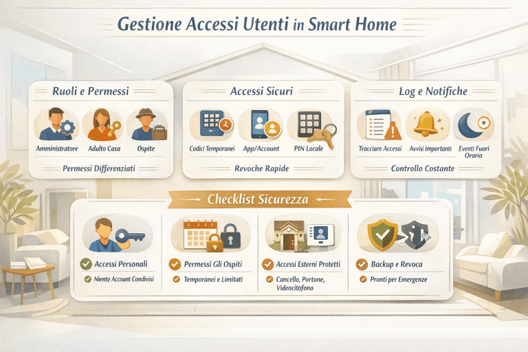 Infografica in stile premium dai colori chiari intitolata “Gestione Accessi Utenti in Smart Home”, che illustra i ruoli e i permessi degli utenti (amministratore, adulto di casa, ospite), i metodi di accesso sicuri (account personali, codici temporanei, PIN locali), il monitoraggio tramite log e notifiche e una checklist di sicurezza con accessi personalizzati, permessi limitati per gli ospiti, protezione degli accessi esterni e procedure di backup e revoca.
