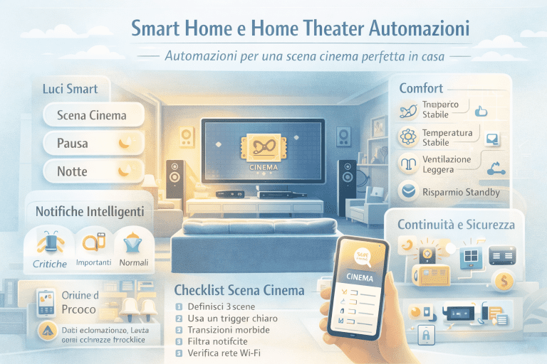 Infografica sulla smart home e automazioni per home theater con scena cinema: luci smart, comfort ambientale, notifiche intelligenti, gestione standby, sicurezza e checklist per un’esperienza cinema in casa ottimizzata.