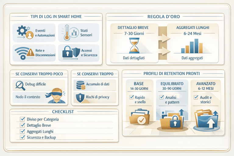 Infografica in italiano sulla log retention nella smart home: tipi di log (eventi/automazioni, stati sensori, rete/disconnessioni, accessi/sicurezza), regola d’oro “dettaglio breve 7–30 giorni” e “aggregati lunghi 6–24 mesi”, rischi se conservi troppo poco o troppo e tre profili di retention (base, equilibrato, avanzato) con checklist finale.