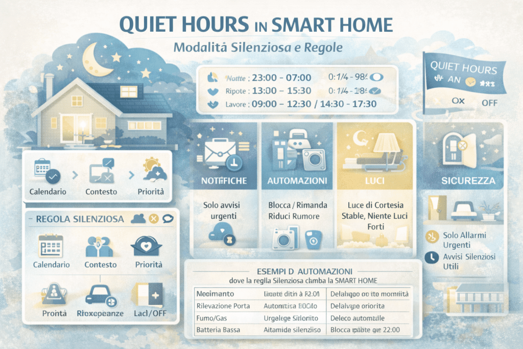 Infografica premium sulle quiet hours nella smart home che illustra la modalità silenziosa con orari di quiete, gestione di notifiche, luci e automazioni, priorità degli eventi e sicurezza notturna per ridurre rumori e disturbi mantenendo il controllo della casa.