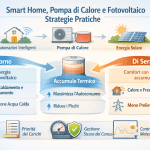 Infografica su smart home, pompa di calore e fotovoltaico con strategie pratiche: di giorno uso dell’energia solare per pre-riscaldamento/raffrescamento e produzione acqua calda; al centro accumulo termico per massimizzare autoconsumo e ridurre i picchi; di sera comfort con energia accumulata, calore e fresco stabili e meno prelievi dalla rete, con priorità carichi e controllo meteo/orari.