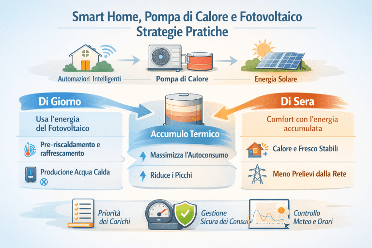 Infografica su smart home, pompa di calore e fotovoltaico con strategie pratiche: di giorno uso dell’energia solare per pre-riscaldamento/raffrescamento e produzione acqua calda; al centro accumulo termico per massimizzare autoconsumo e ridurre i picchi; di sera comfort con energia accumulata, calore e fresco stabili e meno prelievi dalla rete, con priorità carichi e controllo meteo/orari.