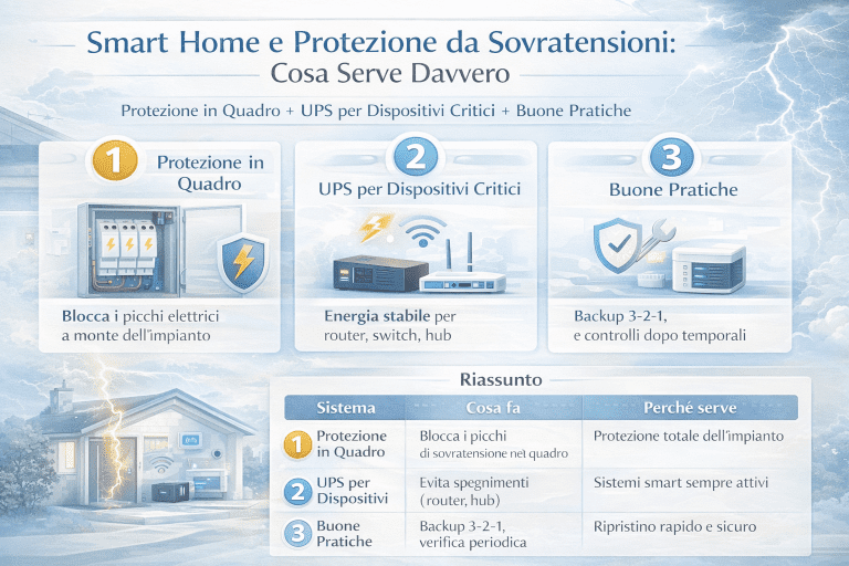 Infografica premium sulla smart home e protezione da sovratensioni che mostra cosa serve davvero per proteggere i dispositivi: protezione in quadro per bloccare i picchi elettrici, UPS per garantire energia stabile a router e hub, e buone pratiche come backup 3-2-1 e controlli dopo temporali, con riepilogo chiaro dei sistemi e dei benefici per la sicurezza della casa intelligente.