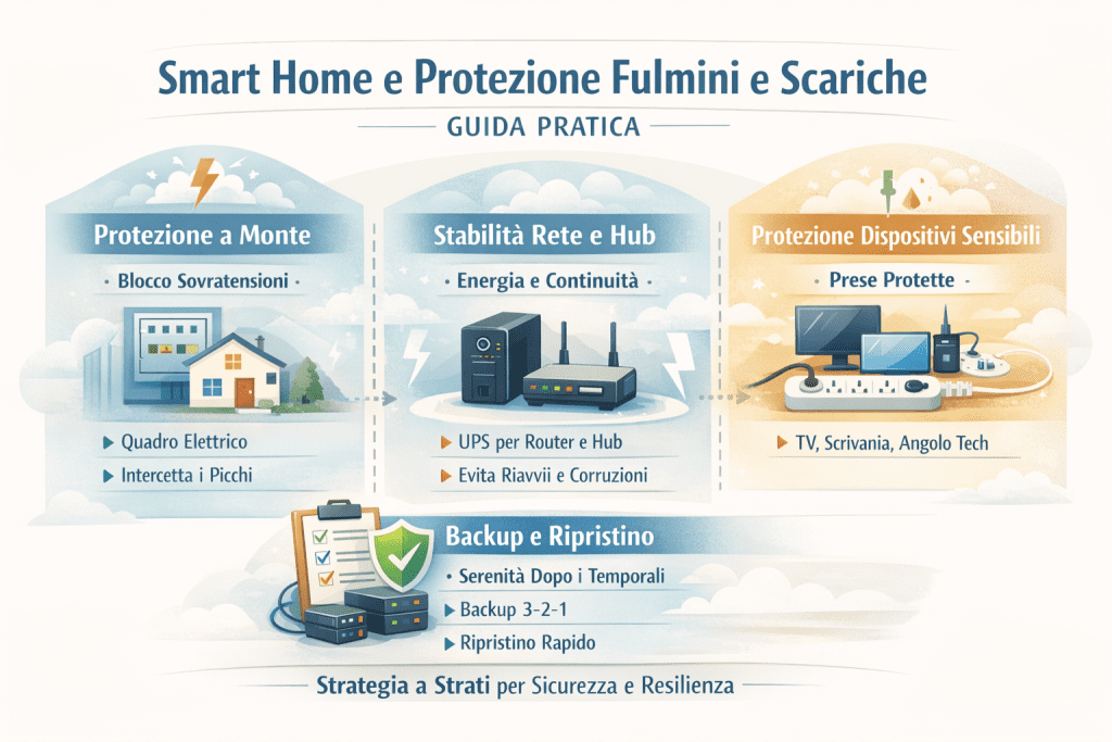 Infografica premium sulla smart home e protezione da fulmini e scariche che illustra una strategia a strati: protezione a monte nel quadro elettrico per bloccare le sovratensioni, stabilità di rete e hub con UPS per evitare riavvii e corruzioni, protezione dei dispositivi sensibili tramite prese dedicate e gestione di backup e ripristino 3-2-1 per mantenere la casa intelligente sicura e resiliente dopo i temporali.