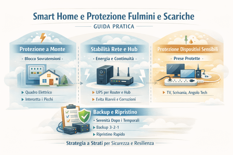 Infografica premium sulla smart home e protezione da fulmini e scariche che illustra una strategia a strati: protezione a monte nel quadro elettrico per bloccare le sovratensioni, stabilità di rete e hub con UPS per evitare riavvii e corruzioni, protezione dei dispositivi sensibili tramite prese dedicate e gestione di backup e ripristino 3-2-1 per mantenere la casa intelligente sicura e resiliente dopo i temporali.