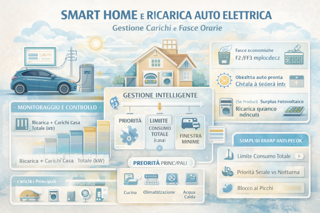 Infografica premium sulla smart home e ricarica auto elettrica che mostra la gestione intelligente dei carichi domestici e delle fasce orarie: monitoraggio dei consumi, priorità tra ricarica e casa, limiti di potenza, finestre orarie economiche e strategie per evitare picchi e ottimizzare i costi.