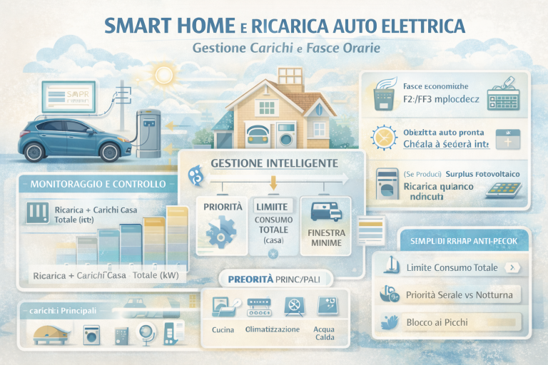 Infografica premium sulla smart home e ricarica auto elettrica che mostra la gestione intelligente dei carichi domestici e delle fasce orarie: monitoraggio dei consumi, priorità tra ricarica e casa, limiti di potenza, finestre orarie economiche e strategie per evitare picchi e ottimizzare i costi.