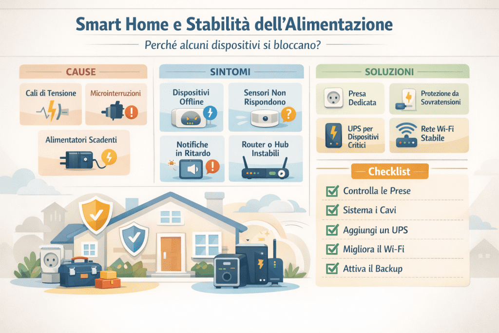 Infografica in stile premium dai colori chiari intitolata “Smart Home e Stabilità dell’Alimentazione: perché alcuni dispositivi si bloccano?”, con quattro aree: Cause (cali di tensione, microinterruzioni, disturbi elettrici, alimentatori scadenti), Sintomi (dispositivi offline, sensori che non rispondono, notifiche in ritardo, router o hub instabili), Soluzioni (presa dedicata, protezione da sovratensioni, UPS per dispositivi critici, rete Wi-Fi stabile) e una checklist finale (controlla prese, sistema cavi, aggiungi UPS, migliora Wi-Fi, attiva backup), con icone di casa, router e protezioni.