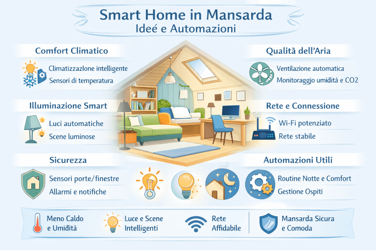 Infografica premium sulla smart home in mansarda con idee e automazioni: comfort climatico, qualità dell’aria, illuminazione smart, rete stabile, sicurezza e routine intelligenti in un ambiente sottotetto luminoso.