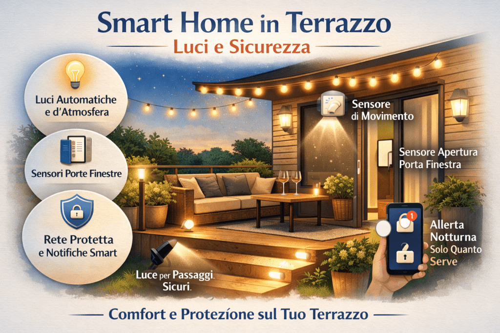 Infografica premium “Smart Home in Terrazzo: Luci e Sicurezza” con illuminazione automatica e d’atmosfera, luci per passaggi sicuri, sensore di movimento, sensore apertura porta-finestra, rete protetta con notifiche smart e avvisi notturni solo quando serve, in un terrazzo serale accogliente.