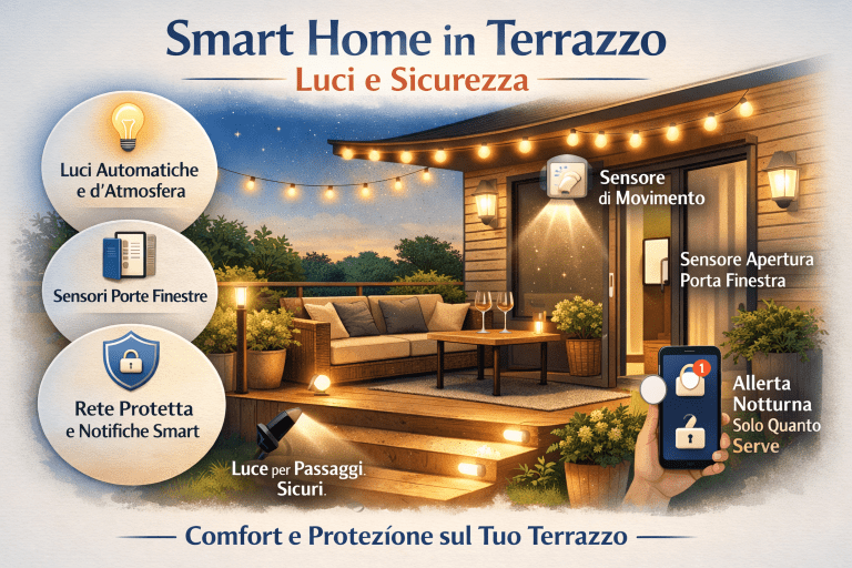 Infografica premium “Smart Home in Terrazzo: Luci e Sicurezza” con illuminazione automatica e d’atmosfera, luci per passaggi sicuri, sensore di movimento, sensore apertura porta-finestra, rete protetta con notifiche smart e avvisi notturni solo quando serve, in un terrazzo serale accogliente.