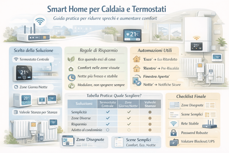 Infografica smart home per caldaia e termostati con gestione a zone, valvole stanza per stanza, regole di risparmio energetico, automazioni comfort ed esempi pratici per ridurre i consumi.