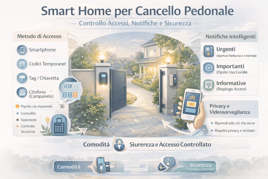 Infografica sulla smart home per cancello pedonale con ingresso residenziale intelligente: apertura da smartphone, codici temporanei e citofono, notifiche intelligenti per accessi urgenti e informativi, integrazione con illuminazione esterna e attenzione a sicurezza, privacy e controllo degli accessi.