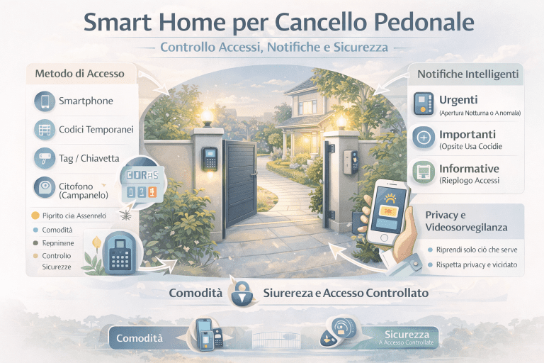 Infografica sulla smart home per cancello pedonale con ingresso residenziale intelligente: apertura da smartphone, codici temporanei e citofono, notifiche intelligenti per accessi urgenti e informativi, integrazione con illuminazione esterna e attenzione a sicurezza, privacy e controllo degli accessi.