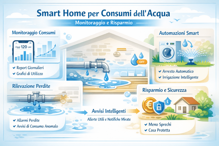 Infografica smart home per consumi dell’acqua con monitoraggio dei consumi, rilevazione delle perdite, automazioni per irrigazione e lavatrice, avvisi intelligenti e benefici in termini di risparmio idrico e sicurezza domestica.