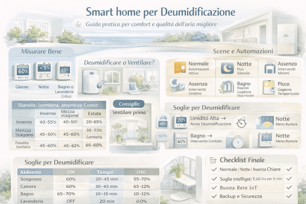 Infografica smart home per deumidificazione con sensori di temperatura e umidità, confronto tra deumidificare e ventilare, soglie stagionali, scene notte e assenza, automazioni anti-picco e checklist per migliorare comfort e qualità dell’aria indoor.