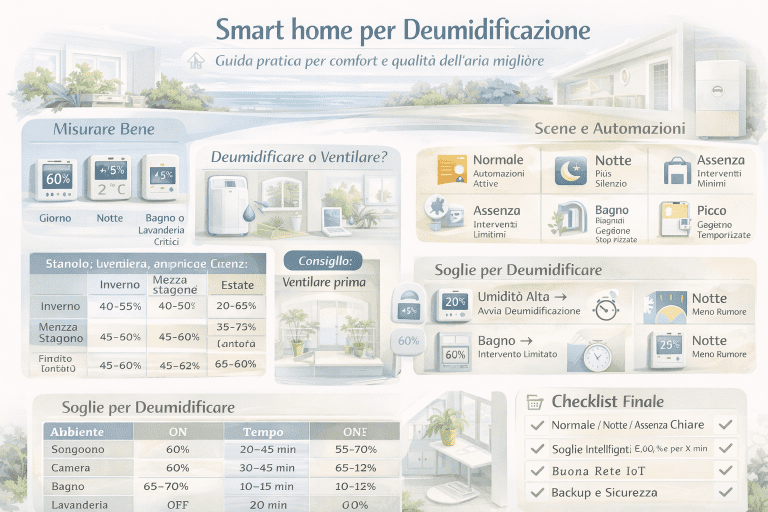Infografica smart home per deumidificazione con sensori di temperatura e umidità, confronto tra deumidificare e ventilare, soglie stagionali, scene notte e assenza, automazioni anti-picco e checklist per migliorare comfort e qualità dell’aria indoor.