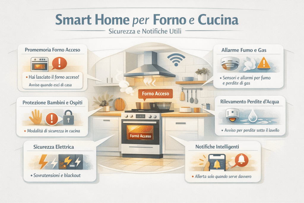 Infografica premium sulla smart home per forno e cucina con focus su sicurezza e notifiche utili: promemoria forno acceso, allarme fumo e gas, protezione bambini e ospiti, rilevamento perdite d’acqua, sicurezza elettrica e notifiche intelligenti attive solo quando serve.