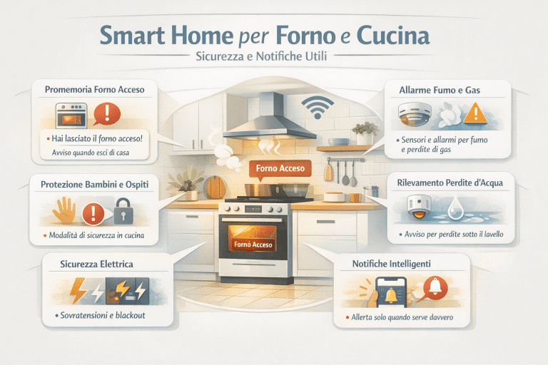 Infografica premium sulla smart home per forno e cucina con focus su sicurezza e notifiche utili: promemoria forno acceso, allarme fumo e gas, protezione bambini e ospiti, rilevamento perdite d’acqua, sicurezza elettrica e notifiche intelligenti attive solo quando serve.