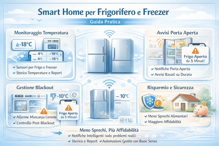 Infografica smart home per gestione frigorifero e freezer con monitoraggio della temperatura, avvisi di porta aperta, gestione dei blackout, notifiche intelligenti e benefici come minori sprechi alimentari e maggiore sicurezza domestica.