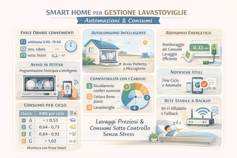 Infografica premium sulla smart home per gestione della lavastoviglie con automazioni e consumi: fasce orarie convenienti, avvio intelligente, autoconsumo, monitoraggio kWh per ciclo, priorità dei carichi, notifiche utili e rete Wi-Fi stabile con fallback.