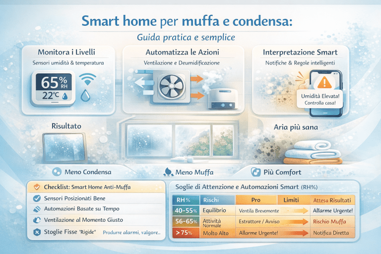 Infografica smart home per muffa e condensa con sensori di umidità e temperatura, automazioni per ventilazione e deumidificazione, notifiche intelligenti e risultati visivi di riduzione della condensa, meno muffa e maggiore comfort abitativo.