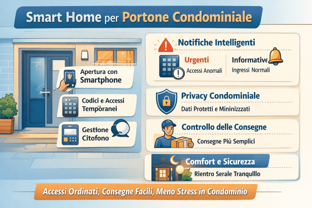 Infografica “Smart home per portone condominiale” con ingresso di un palazzo e funzioni principali: apertura con smartphone, codici e accessi temporanei, gestione citofono, notifiche intelligenti (urgenti e informative), privacy condominiale con dati minimizzati, controllo consegne e comfort per rientro serale più sicuro e tranquillo.