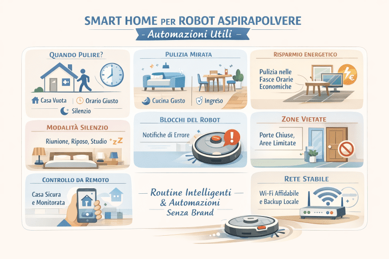 Infografica premium sulla smart home per robot aspirapolvere con automazioni utili: pulizia quando la casa è vuota, pulizia mirata per stanze, fasce orarie economiche, modalità silenzio, gestione blocchi, zone vietate, controllo da remoto e rete Wi-Fi stabile.