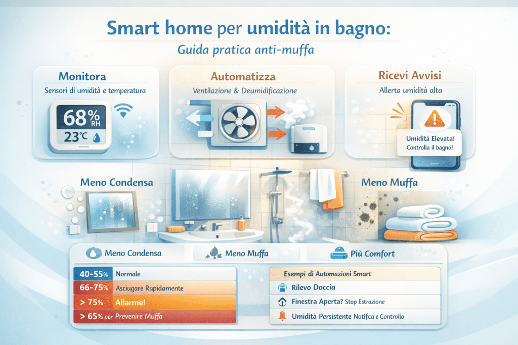 Infografica smart home per umidità in bagno con sensori di umidità e temperatura, automazioni per ventilazione e deumidificazione, avvisi di umidità elevata, riduzione di condensa e muffa per migliorare comfort e salubrità del bagno.