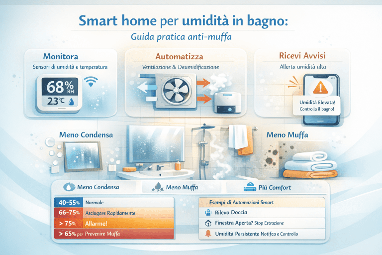 Infografica smart home per umidità in bagno con sensori di umidità e temperatura, automazioni per ventilazione e deumidificazione, avvisi di umidità elevata, riduzione di condensa e muffa per migliorare comfort e salubrità del bagno.