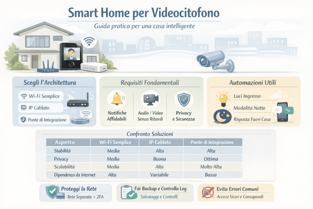 Infografica smart home per videocitofono senza marche con architetture Wi-Fi, IP cablato e ponte di integrazione, requisiti di sicurezza, privacy, notifiche affidabili e automazioni per l’ingresso di casa.