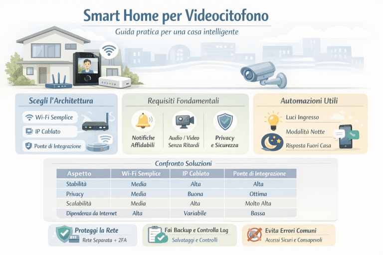 Infografica smart home per videocitofono senza marche con architetture Wi-Fi, IP cablato e ponte di integrazione, requisiti di sicurezza, privacy, notifiche affidabili e automazioni per l’ingresso di casa.