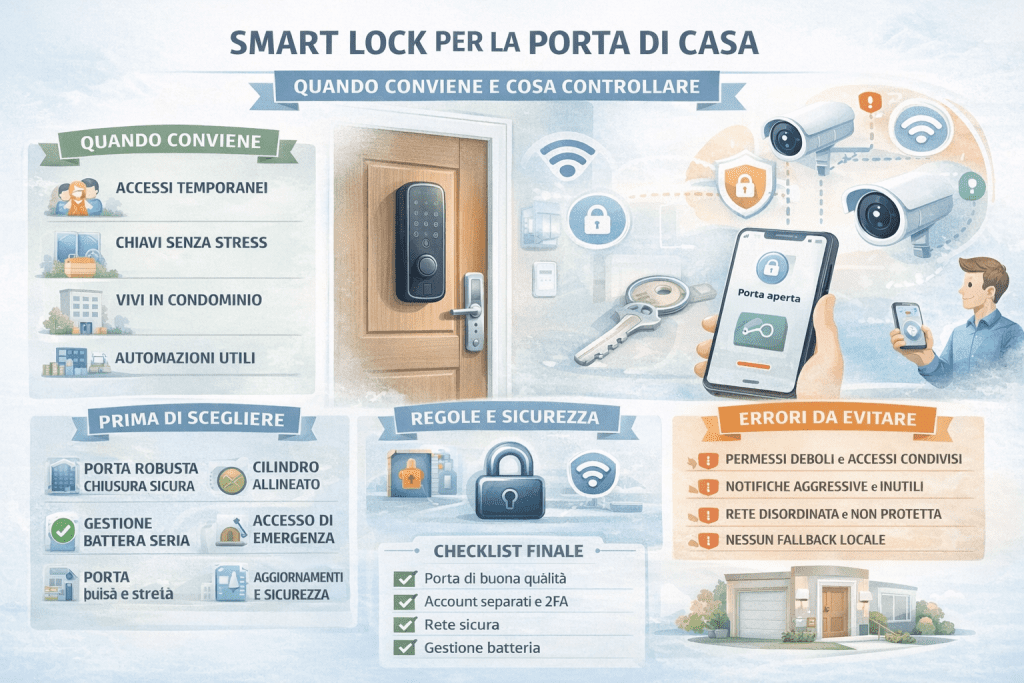 Infografica sulla smart lock per la porta di casa che mostra quando conviene installarla e cosa controllare: accessi temporanei, gestione delle chiavi, automazioni utili, requisiti della porta, sicurezza digitale, errori da evitare e checklist finale per una serratura intelligente sicura e affidabile.
