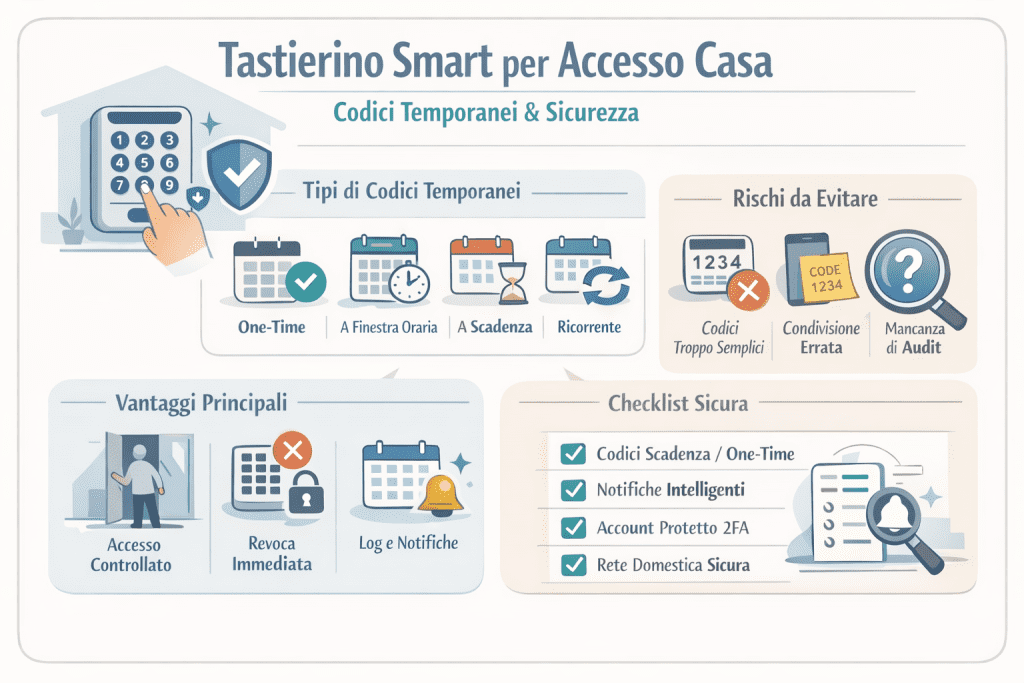 Infografica su tastierino smart per accesso casa con codici temporanei: tipologie di codici, rischi da evitare, vantaggi di sicurezza e checklist per gestione sicura degli accessi domestici.