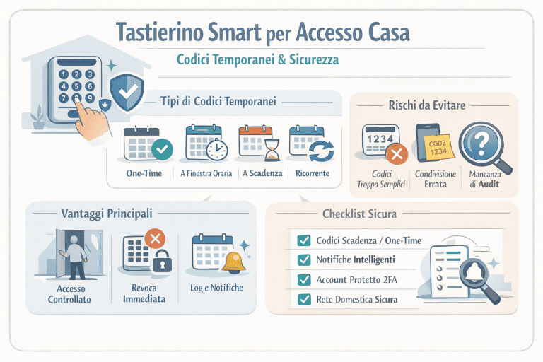 Infografica su tastierino smart per accesso casa con codici temporanei: tipologie di codici, rischi da evitare, vantaggi di sicurezza e checklist per gestione sicura degli accessi domestici.