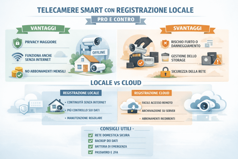 Infografica sulle telecamere smart con registrazione locale che mostra pro e contro: maggiore privacy, funzionamento senza Internet, assenza di abbonamenti, confronto con registrazione cloud, rischi di furto, gestione dello storage e sicurezza della rete domestica.