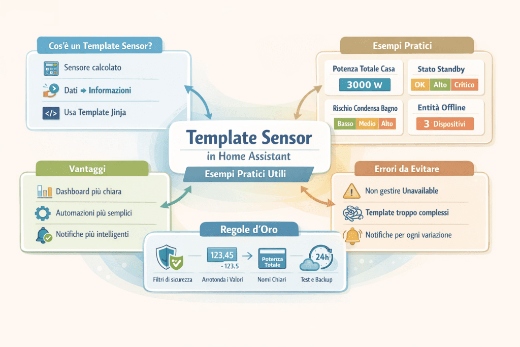 Infografica premium in italiano sui Template Sensor in Home Assistant con definizione, vantaggi, regole d’oro, errori da evitare e esempi pratici (potenza totale casa, stato standby, rischio condensa bagno, conteggio entità offline) in stile chiaro e moderno.