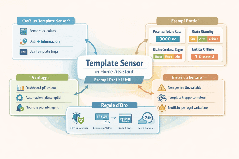 Infografica premium in italiano sui Template Sensor in Home Assistant con definizione, vantaggi, regole d’oro, errori da evitare e esempi pratici (potenza totale casa, stato standby, rischio condensa bagno, conteggio entità offline) in stile chiaro e moderno.
