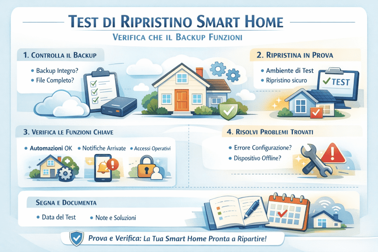 Infografica premium sul test di ripristino della smart home che mostra le fasi per verificare se il backup funziona: controllo dell’integrità del backup, ripristino in ambiente di prova, verifica di automazioni, notifiche e accessi, risoluzione dei problemi e documentazione del test.
