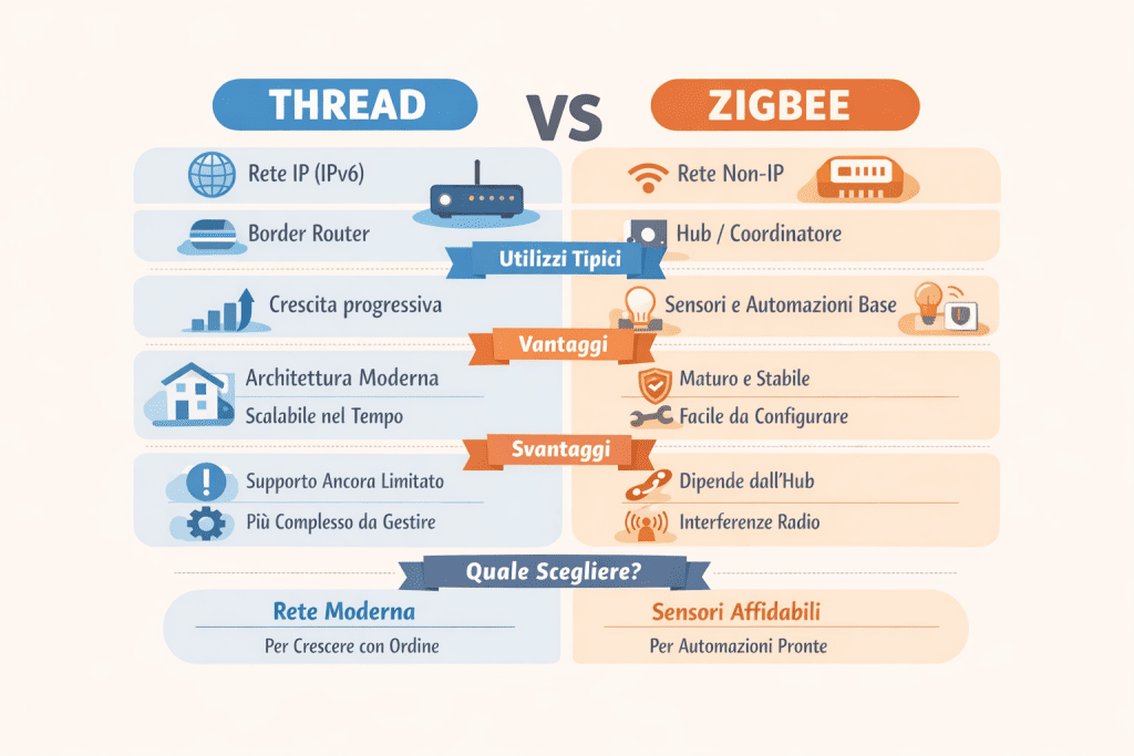 Alt text (IT): Infografica comparativa “Thread vs Zigbee” con layout a due colonne: a sinistra Thread (rete IP/IPv6, border router, crescita progressiva, architettura moderna e scalabile; svantaggi: supporto ancora limitato e gestione più complessa), a destra Zigbee (rete non-IP, hub/coordinatore, sensori e automazioni base; vantaggi: maturo e stabile, facile da configurare; svantaggi: dipendenza dall’hub e possibili interferenze radio). In basso una sezione “Quale scegliere?” che suggerisce Thread per una rete moderna e ordinata e Zigbee per sensori affidabili e automazioni pronte.