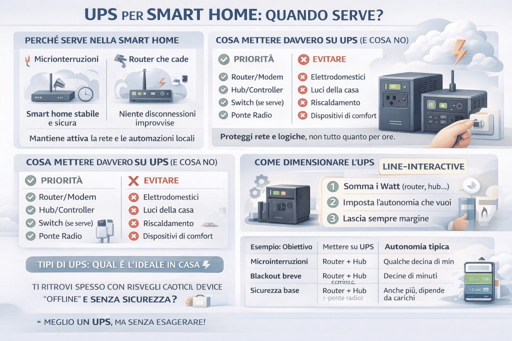 Infografica premium su UPS per smart home che spiega quando serve davvero: protezione da microinterruzioni, dispositivi da collegare al gruppo di continuità, cosa evitare, tipi di UPS ideali in casa e come dimensionarlo per rete, router e hub.