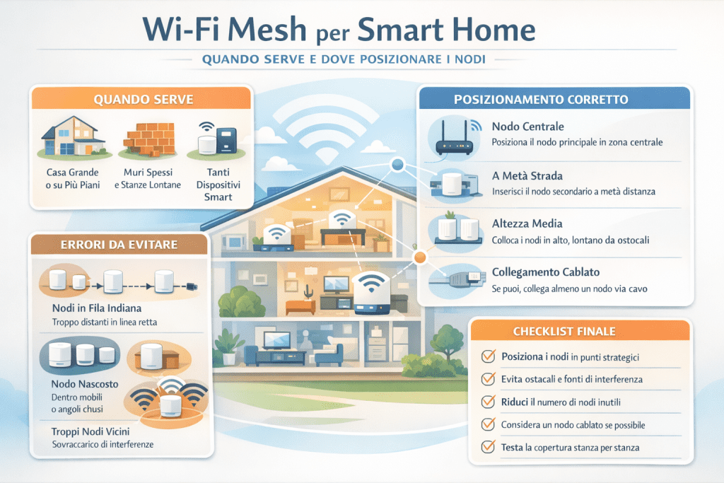Infografica premium dai colori chiari intitolata “Wi-Fi Mesh per Smart Home: quando serve e dove posizionare i nodi”, con una casa su più piani al centro e segnali Wi-Fi distribuiti. A sinistra la sezione “Quando serve” (casa grande o su più piani, muri spessi e stanze lontane, molti dispositivi smart). In basso a sinistra “Errori da evitare” (nodi in fila indiana, nodo nascosto in mobili o angoli chiusi, troppi nodi vicini). A destra “Posizionamento corretto” (nodo centrale in zona centrale, nodo secondario a metà strada, altezza media lontano da ostacoli, collegamento cablato se possibile). In basso a destra una “Checklist finale” con icone di spunta per posizionamento strategico, riduzione interferenze, meno nodi inutili, nodo cablato e test stanza per stanza.