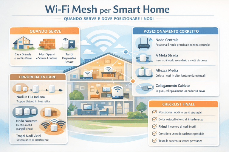 Infografica premium dai colori chiari intitolata “Wi-Fi Mesh per Smart Home: quando serve e dove posizionare i nodi”, con una casa su più piani al centro e segnali Wi-Fi distribuiti. A sinistra la sezione “Quando serve” (casa grande o su più piani, muri spessi e stanze lontane, molti dispositivi smart). In basso a sinistra “Errori da evitare” (nodi in fila indiana, nodo nascosto in mobili o angoli chiusi, troppi nodi vicini). A destra “Posizionamento corretto” (nodo centrale in zona centrale, nodo secondario a metà strada, altezza media lontano da ostacoli, collegamento cablato se possibile). In basso a destra una “Checklist finale” con icone di spunta per posizionamento strategico, riduzione interferenze, meno nodi inutili, nodo cablato e test stanza per stanza.