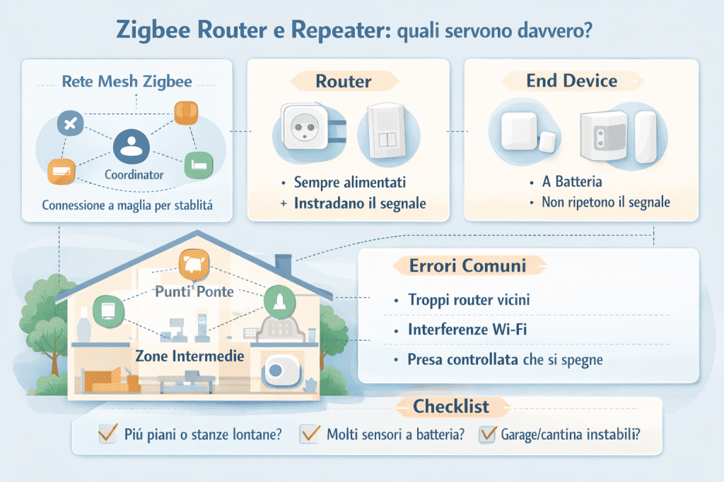 Infografica premium in italiano che spiega quali Zigbee router e repeater servono davvero: schema della rete mesh Zigbee con coordinator, router sempre alimentati ed end device a batteria, esempi di posizionamento in casa su più piani, errori comuni come interferenze Wi-Fi e prese che si spengono, e checklist pratica per migliorare stabilità e copertura della rete Zigbee.
