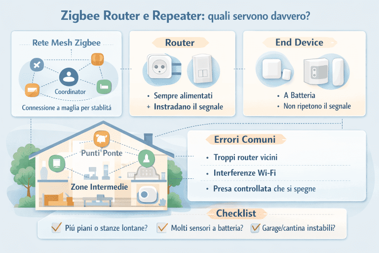 Infografica premium in italiano che spiega quali Zigbee router e repeater servono davvero: schema della rete mesh Zigbee con coordinator, router sempre alimentati ed end device a batteria, esempi di posizionamento in casa su più piani, errori comuni come interferenze Wi-Fi e prese che si spengono, e checklist pratica per migliorare stabilità e copertura della rete Zigbee.